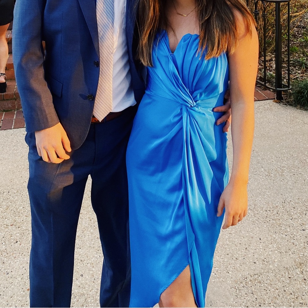 blue satin midi dress